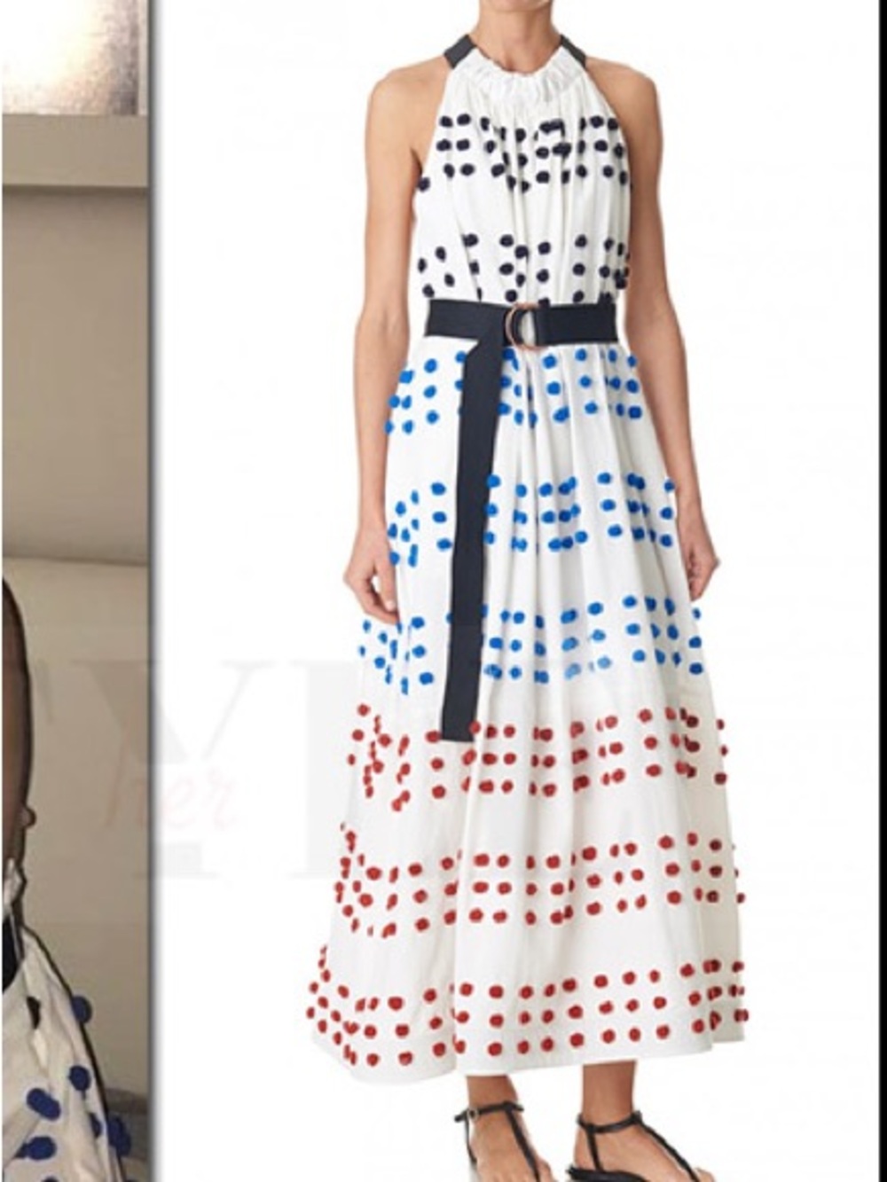 Tibi White Halter Maxi Dress with Red, Blue & Black Pom Detail